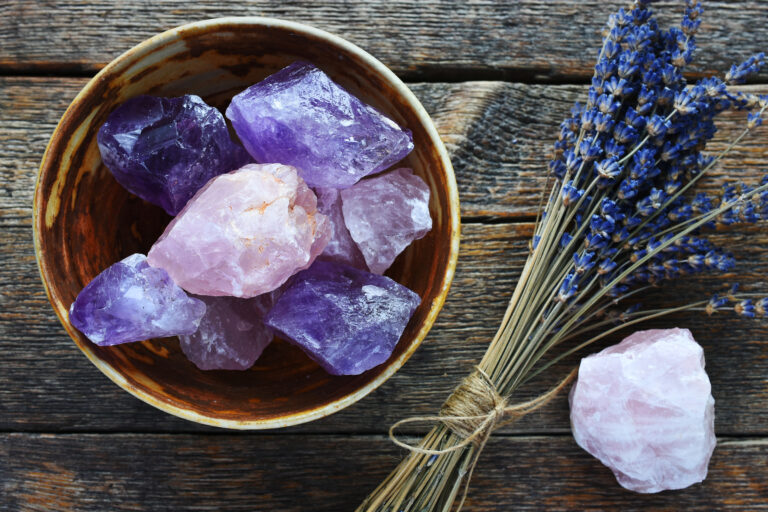 Raw gemstones and dried lavender arrangement